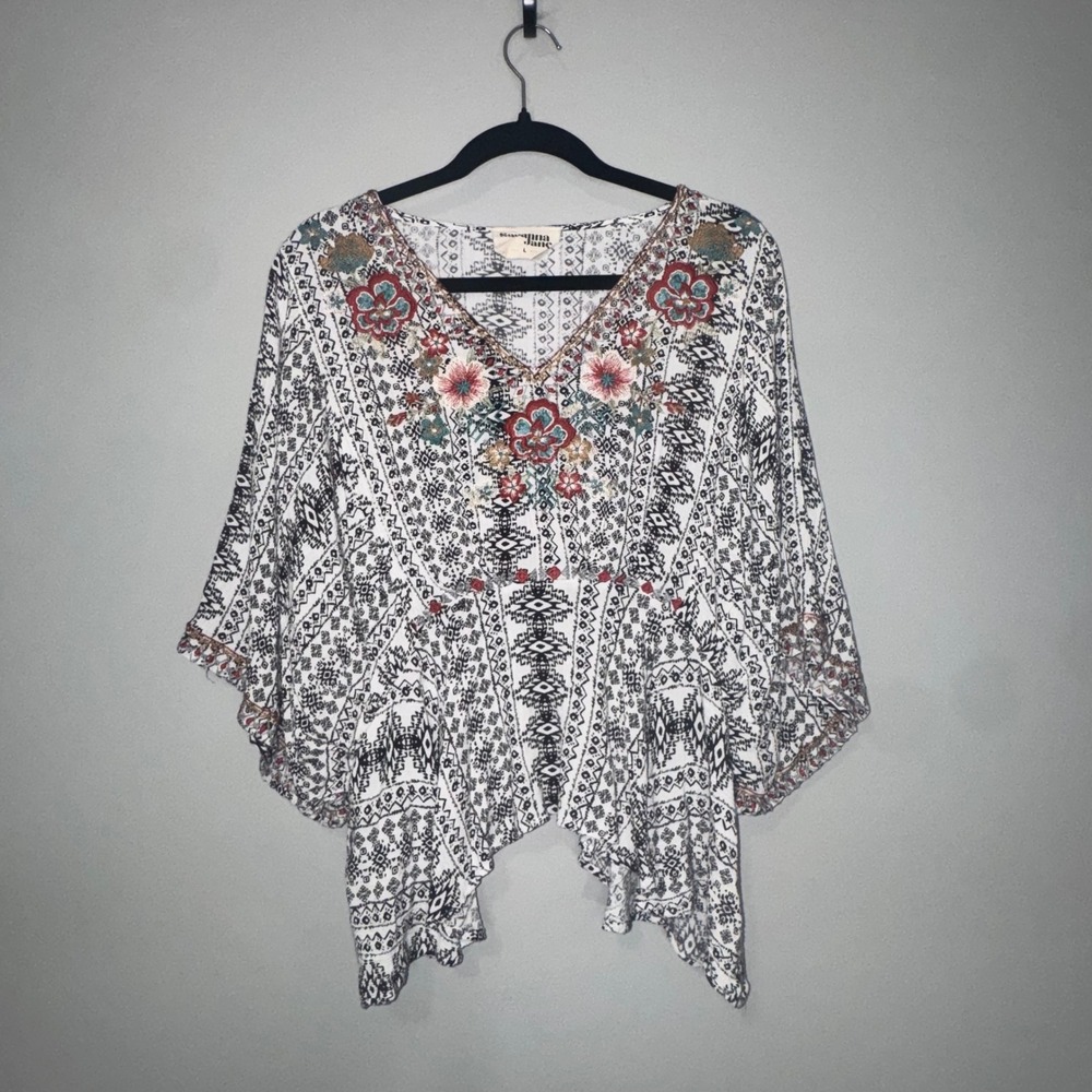 Savanna Jane Womens Large Boho Tribal Print Floral Embroidered Kimono Top White